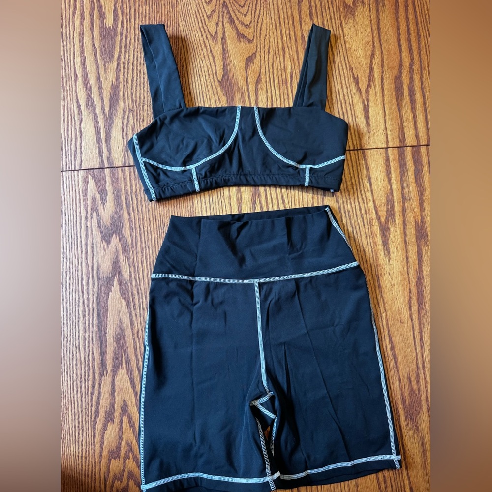 WeWoreWhat Black Active Bikini Top & High-Waist Bike Shorts with Light Blue Trim
